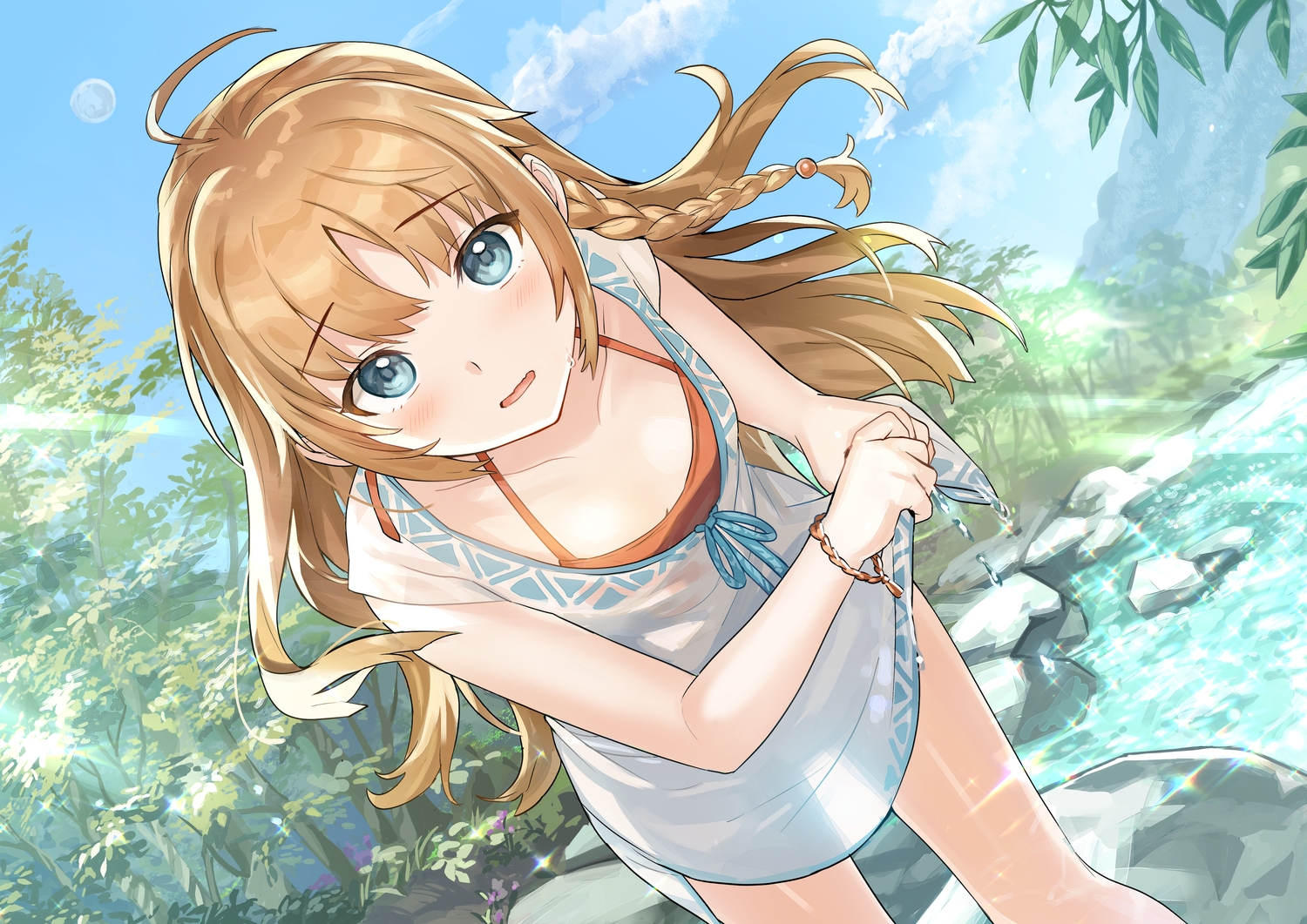 aqua_eyes, braids, clouds, long_hair, orange_hair, original, see_through, sky