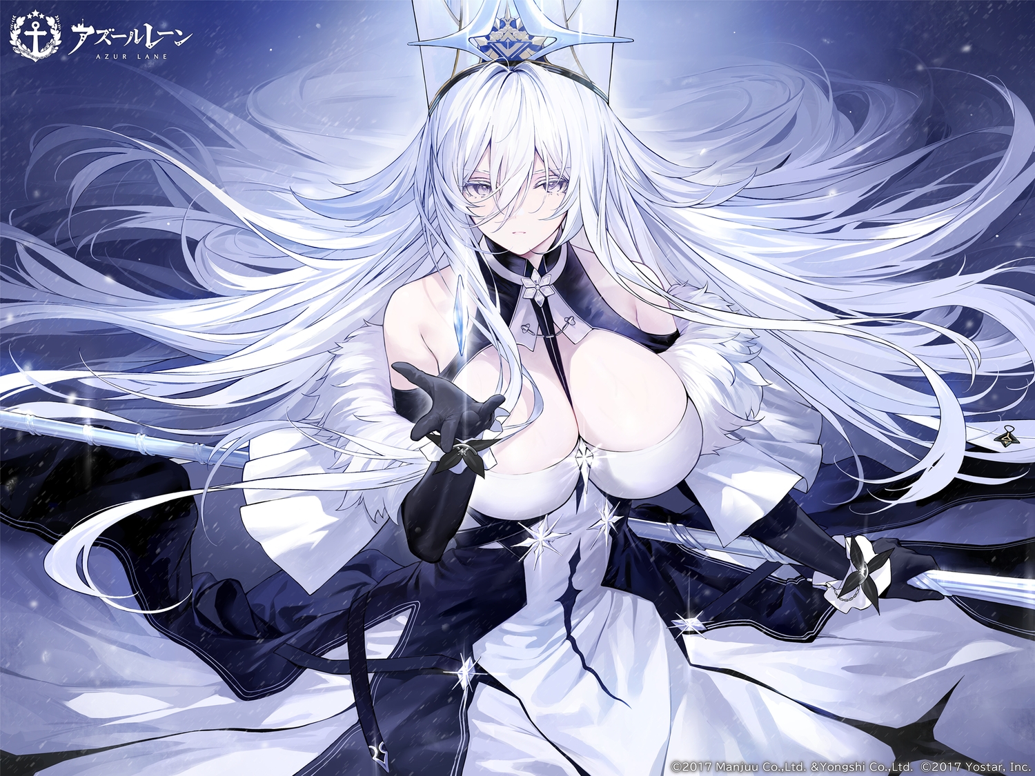 anthropomorphism, an_yasuri, azur_lane, breasts, cleavage, elbow_gloves, gloves, hat, logo, long_hair, magic, purple_eyes, sovetsky_soyuz_(azur_lane), white_hair