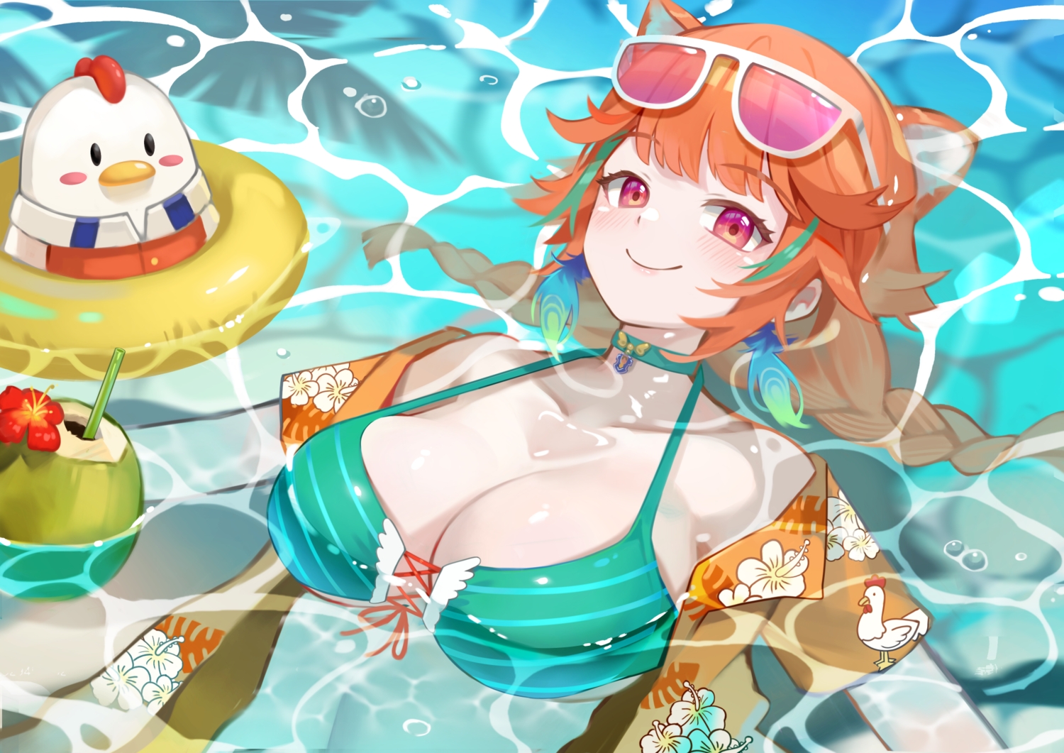 animal, animal_ears, bikini, bird, blush, braids, breasts, catgirl