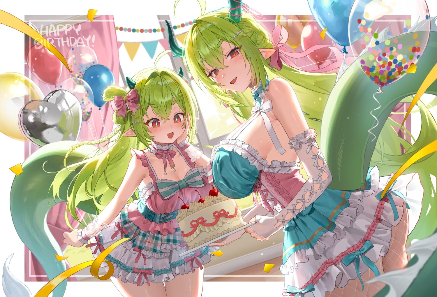 2girls, ass, blush, bodiedwile, bow, breasts, cake, cherry