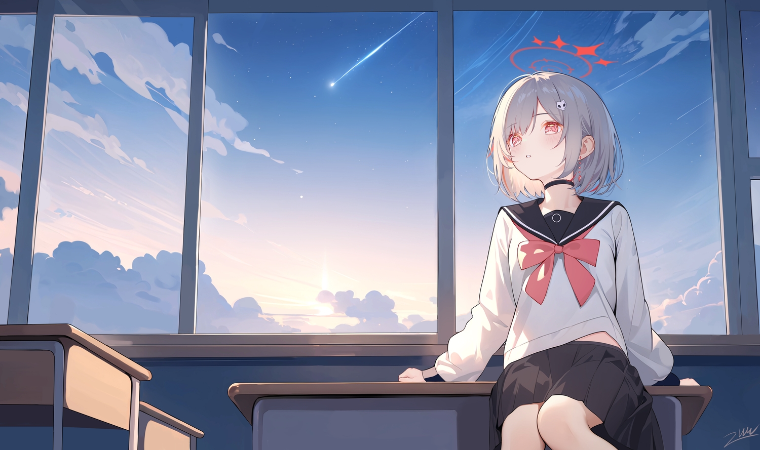 blue_archive, blush, bow, choker, clouds, cosplay, crossover, dtto., gray_hair, halo, pink_eyes, reject_(esports), school_uniform, short_hair, signed, skirt, sky, stars, sunset, zuu_(qq770463651)