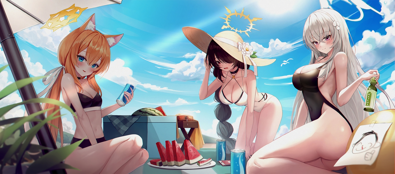animal_ears, aqua_eyes, ass, ball, bikini, black_hair, blue_archive, blush