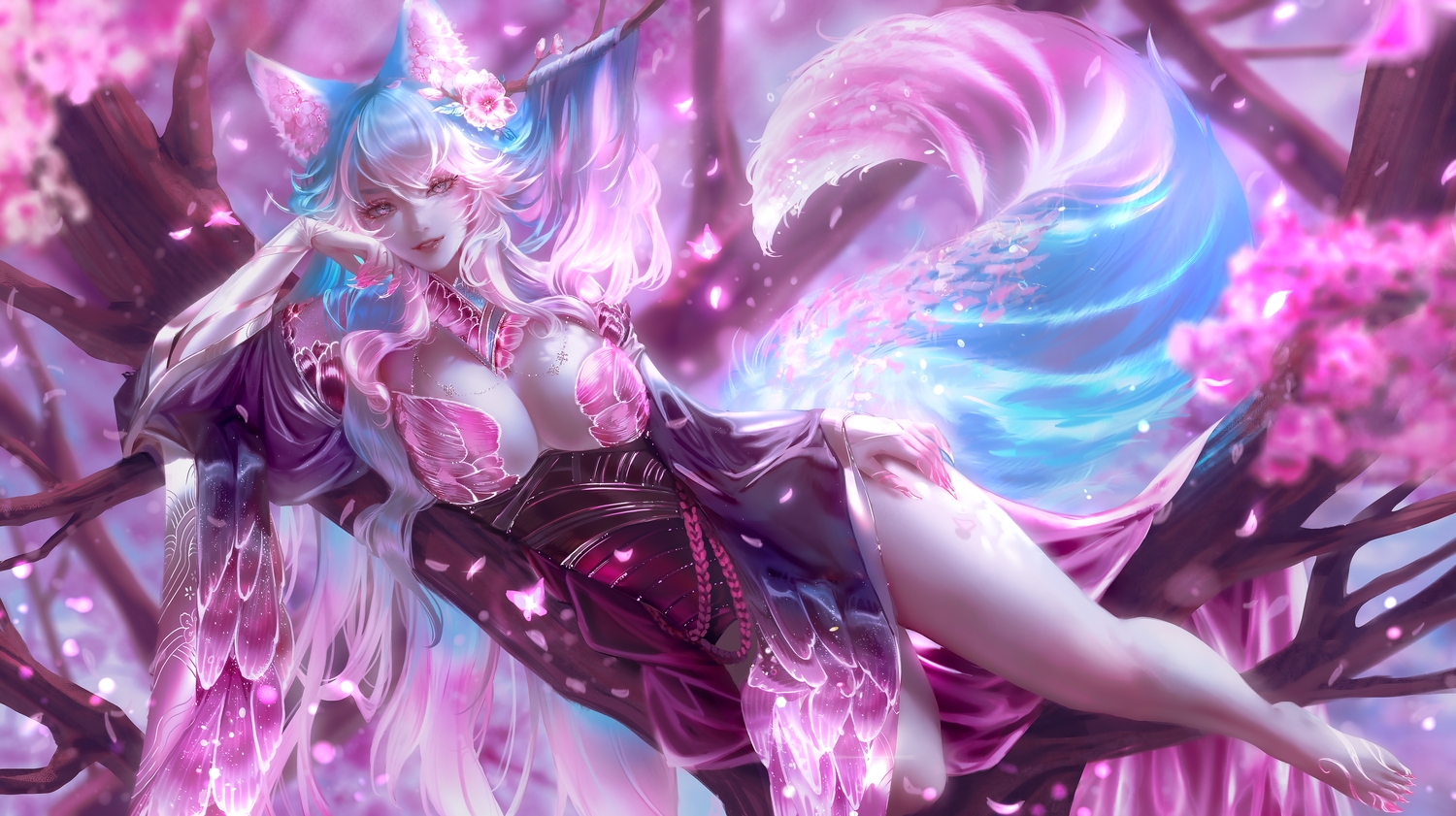 animal_ears, barefoot, breasts, cherry_blossoms, cleavage, dress, flowers, foxgirl