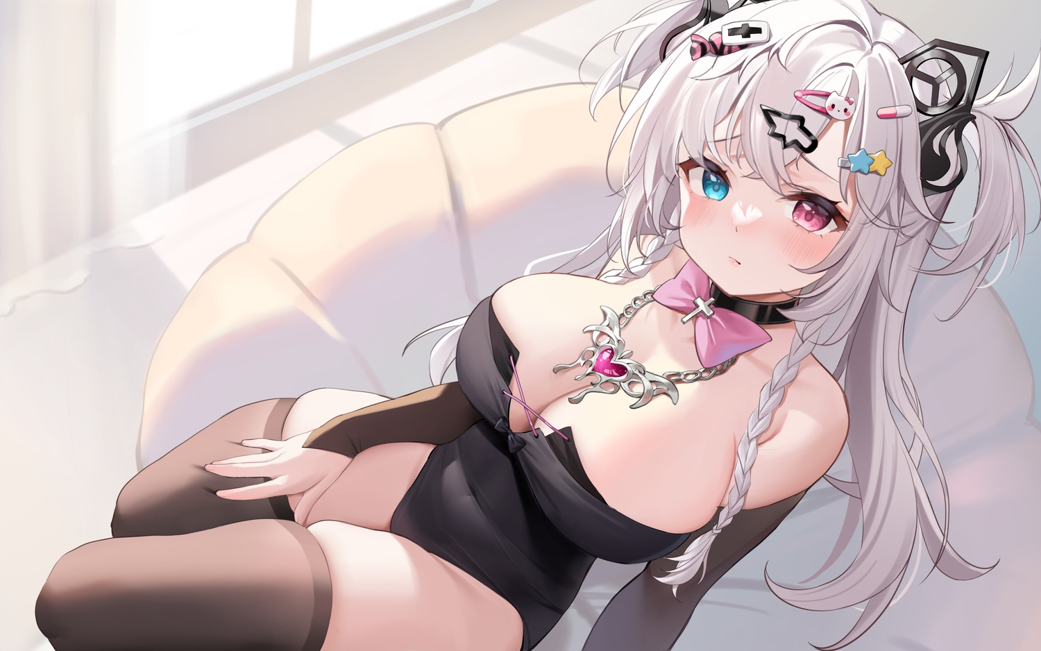 bicolored_eyes, blush, bow, braids, breasts, choker, cleavage, cross, gray_hair, lenka1264504528, leotard, long_hair, necklace, original, thighhighs, twintails