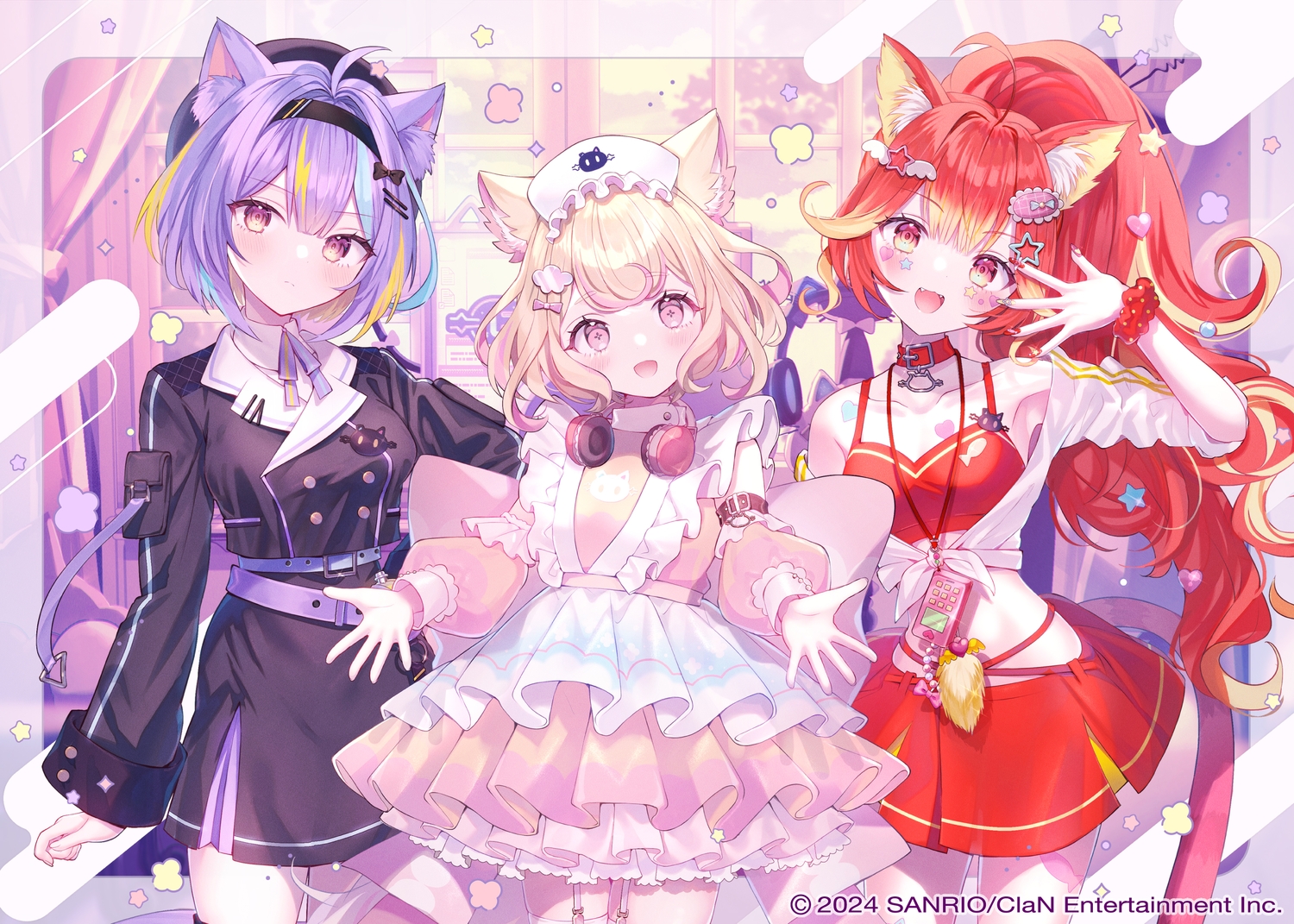 animal_ears, blonde_hair, blush, bow, catgirl, cat_smile, clan_entertainment, collar