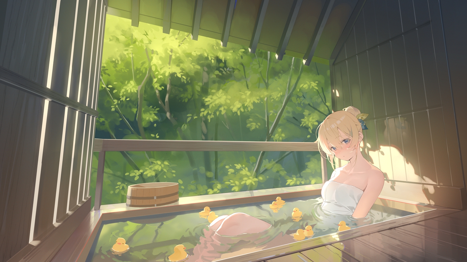 blonde_hair, blue_eyes, forest, hana_mori, hololive, kazama_iroha, onsen, rubber_duck