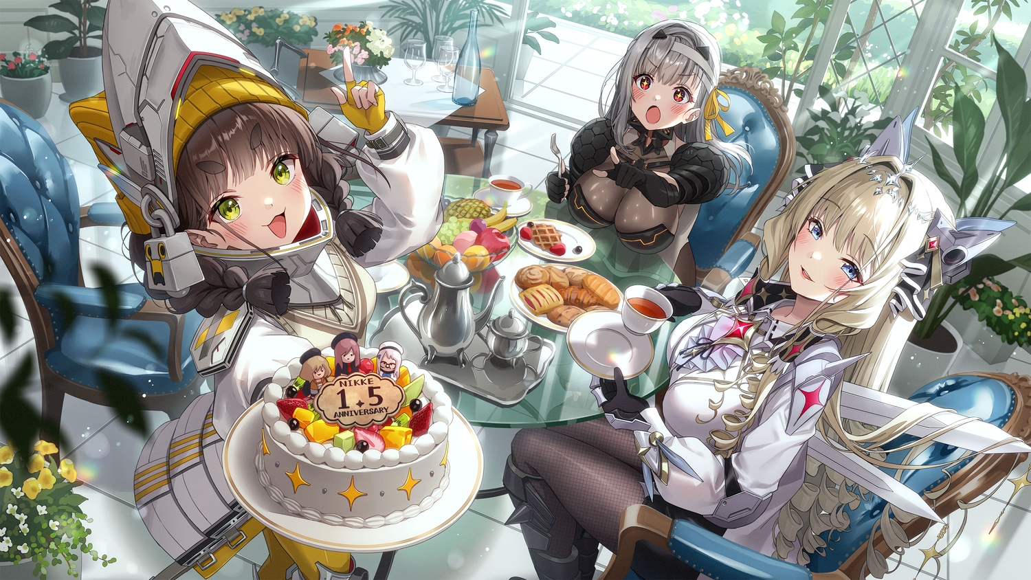 apple, armor, blonde_hair, blue_eyes, blush, bodysuit, bow, braids, breasts, brown_hair, cake, cat_smile, chime_(nikke), crown_(nikke), dress, drink, elbow_gloves, flowers, food, fruit, gloves, goddess_of_victory:_nikke, gray_hair, green_eyes, hat, headband, headdress, leaves, long_hair, modernia_(nikke), pantyhose, red_eyes, sonsoso, strawberry, twintails