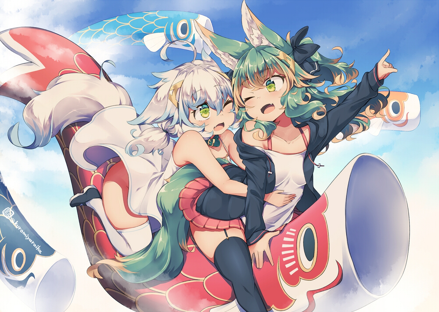 2girls, animal_ears, bow, clouds, collar, fang, garter_belt, green_eyes