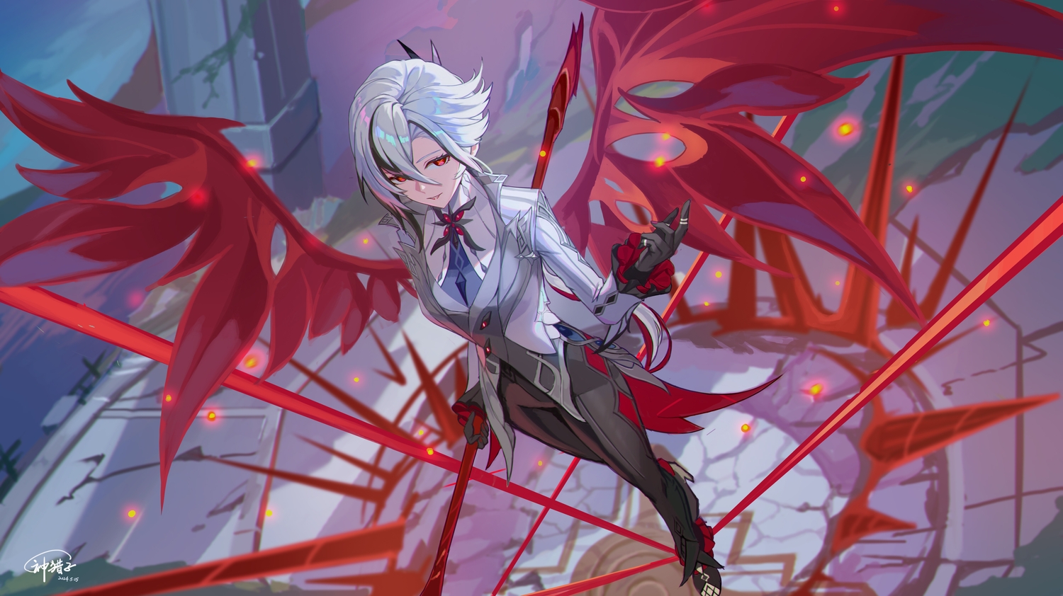 arlecchino_(genshin_impact), genshin_impact, gloves, god_hunter, gray_hair, red_eyes, scythe, short_hair, signed, weapon, wings