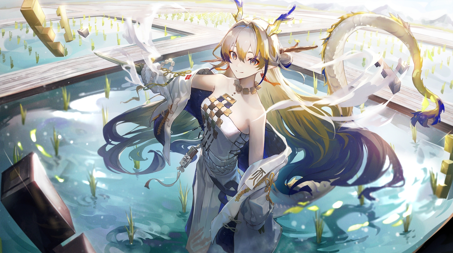 arknights, gloves, grass, gray_eyes, gray_hair, horns, long_hair, necklace, pointed_ears, shu_(arknights), sye, tail, water