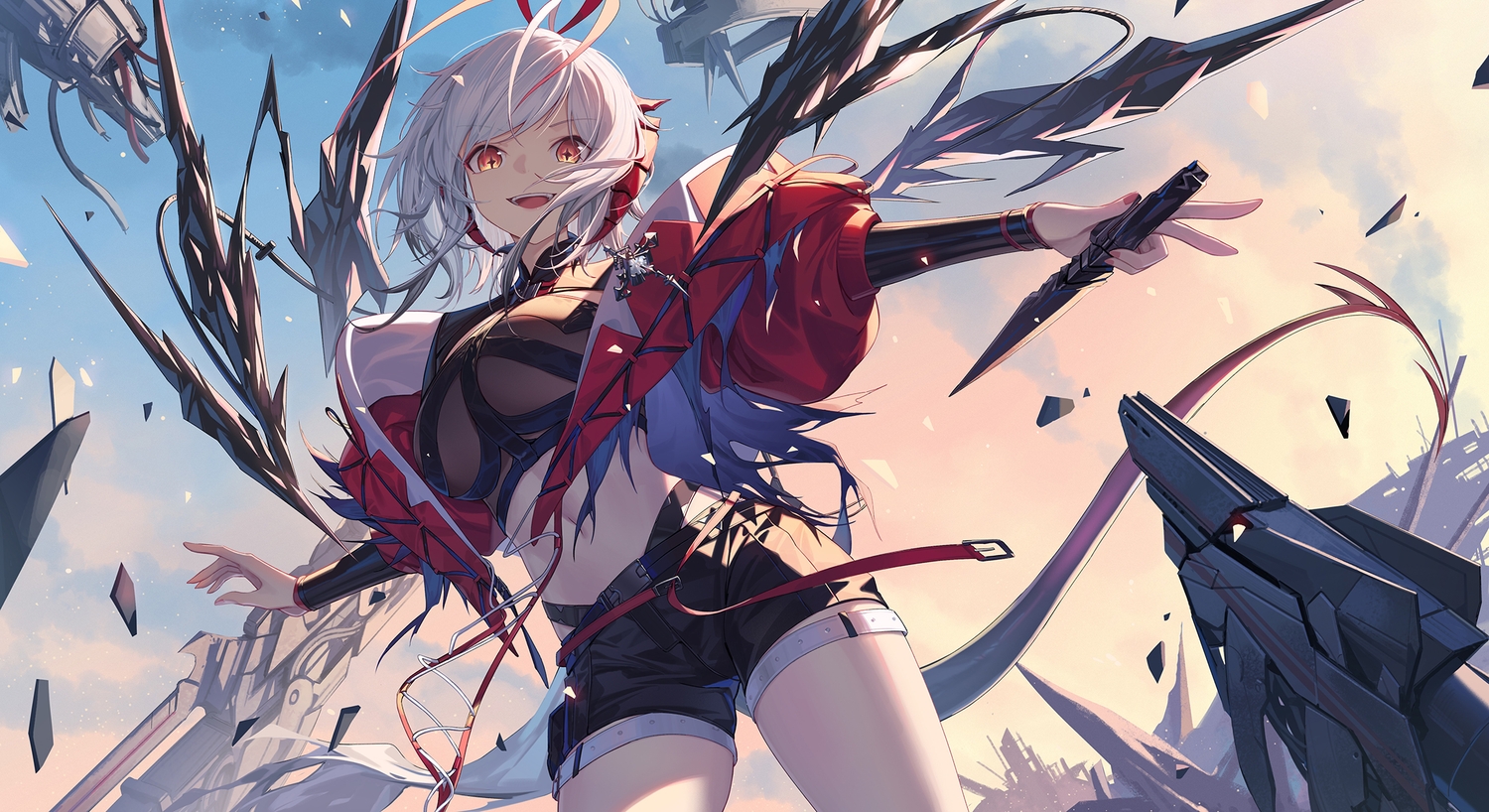 arknights, clouds, horns, knife, navel, nian, red_eyes, short_hair, shorts, sky, w_(arknights), white_hair