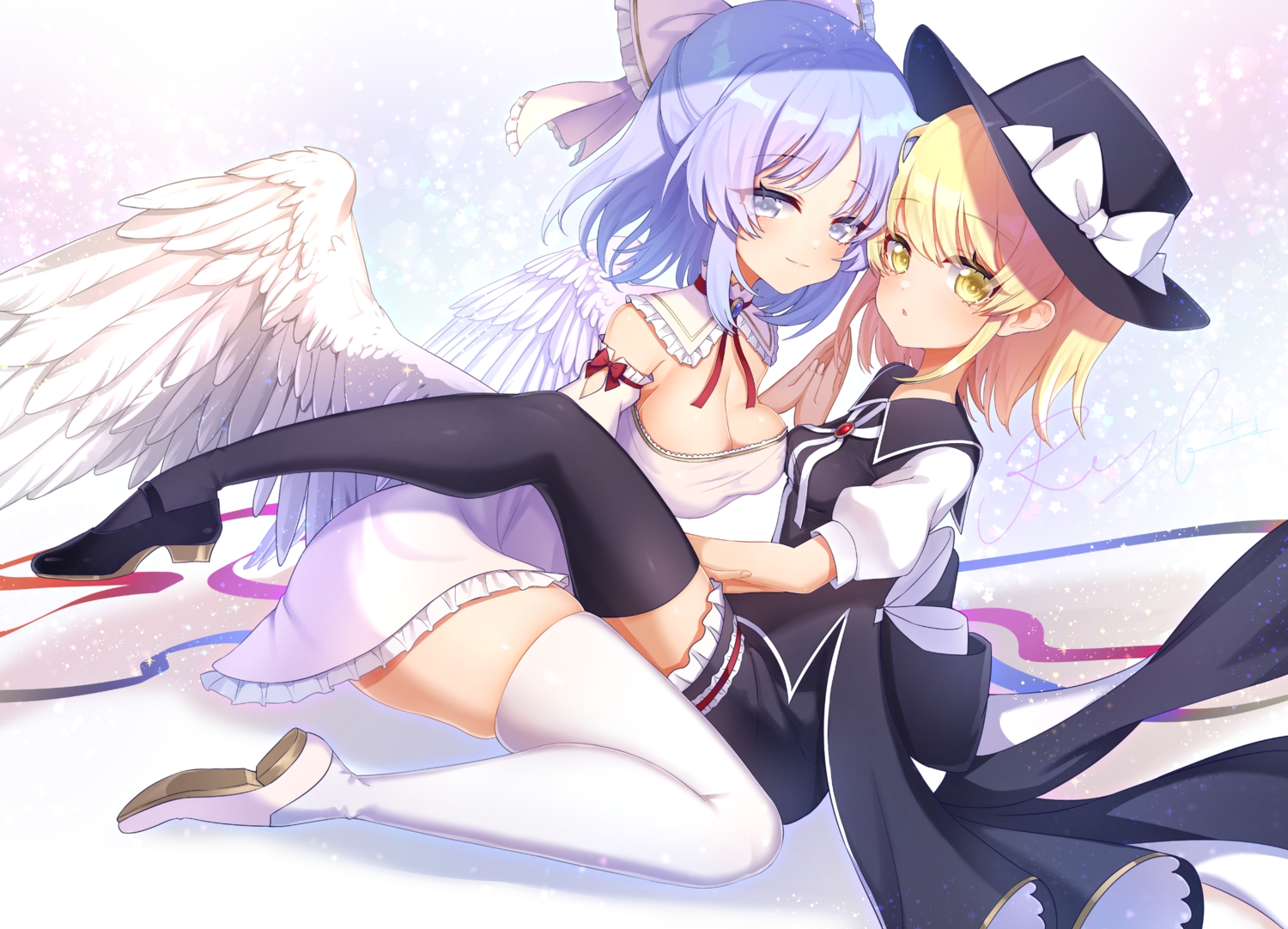 2girls, aliasing, blonde_hair, blue_hair, blush, bow, breasts, cleavage