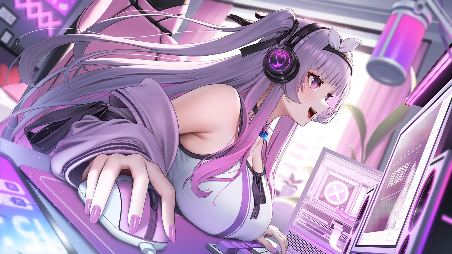blush, bow, breasts, cleavage, close, collar, computer, headband, headphones, long_hair, microphone, phone, purple_eyes, purple_hair, ribbons, shiu_alia, suraimu_(suraimuraimu), twintails