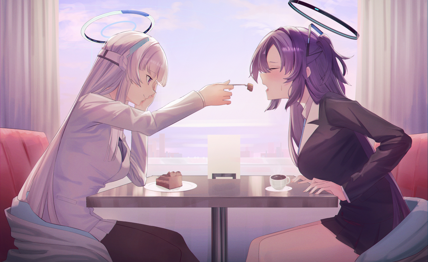 2girls, aliasing, blue_archive, building, cake, city, clouds, drink