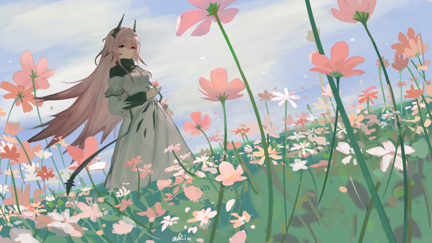 arin_(aaua8438), arknights, clouds, dress, flowers, horns, long_hair, pink_eyes, pink_hair, signed, sketch, sky, theresa_(arknights)