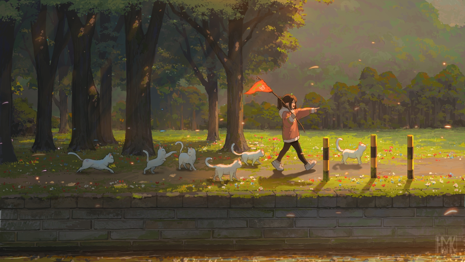 animal, brown_eyes, brown_hair, cat, flowers, grass, horns, hua_ming_wink, landscape, leaves, original, pointed_ears, ponytail, scenic, shade, stockings, tree, watermark