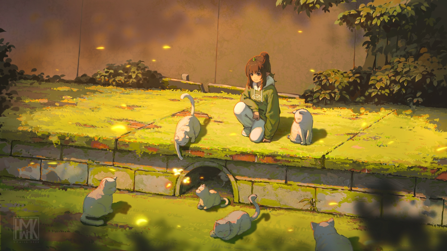 animal, brown_eyes, brown_hair, cat, grass, hood, horns, hua_ming_wink