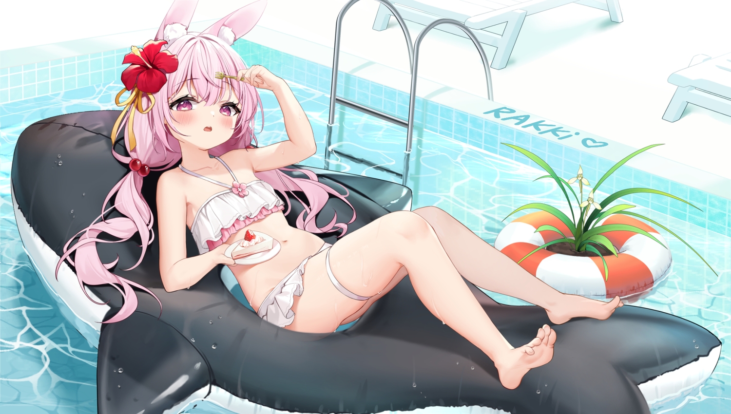 animal_ears, barefoot, bikini, blush, bunny_ears, bunnygirl, cake, flat_chest, flowers, food, fruit, garter, lenka1264504528, loli, long_hair, navel, pink_eyes, pink_hair, pool, skirt, strawberry, swim_ring, swimsuit, tagme_(character), twintails, water, watermark
