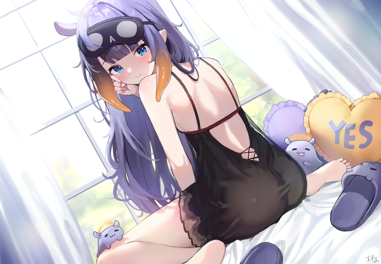 ass, barefoot, bed, blue_eyes, bunnyjiry_(jirynyang), hololive, long_hair, mask, ninomae_ina'nis, pajamas, pointed_ears, purple_hair, signed, sketch