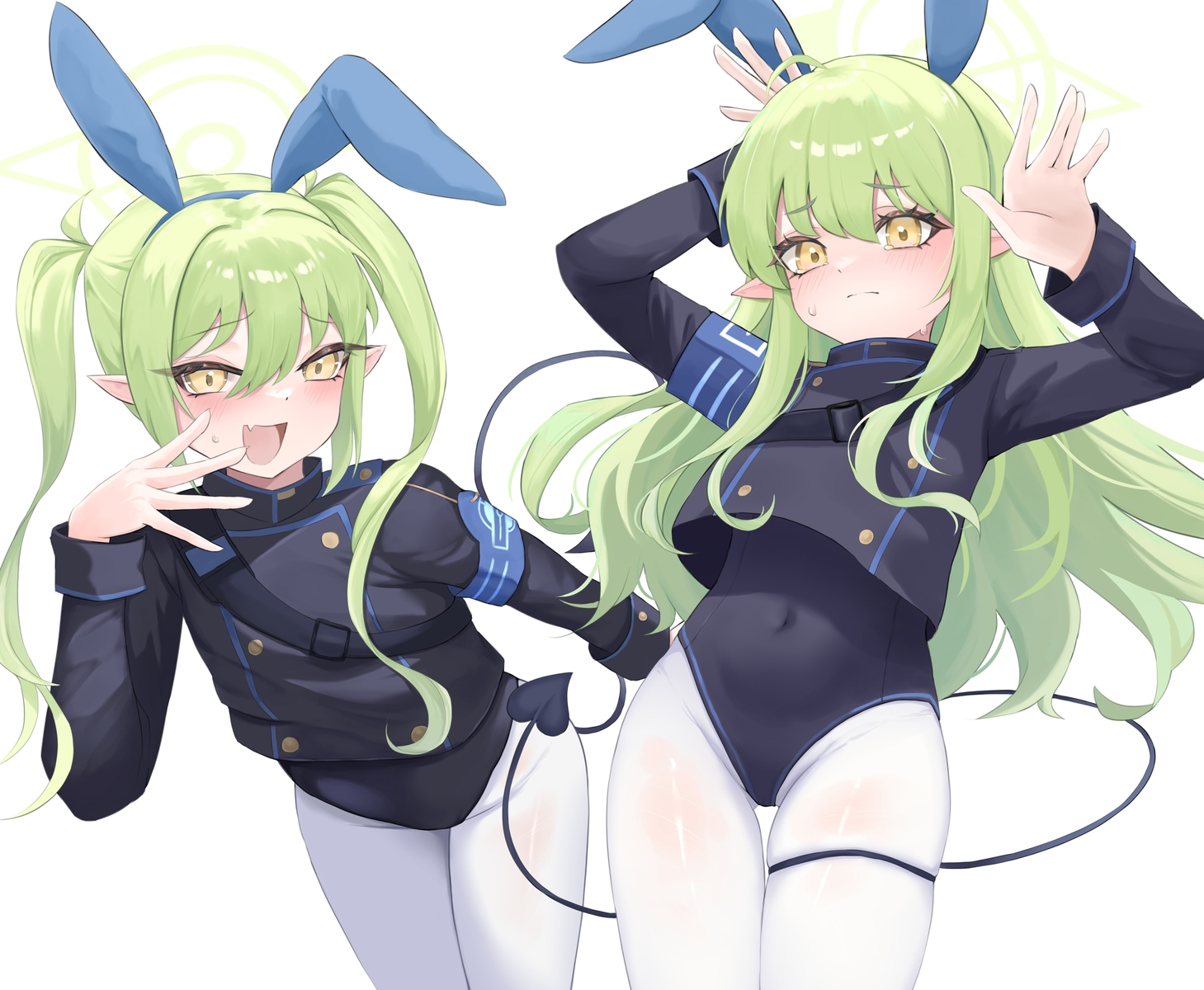 animal_ears, blue_archive, blush, cameltoe, cropped, fang, garter, green_hair, halo, headband, leotard, long_hair, pantyhose, pointed_ears, shawn358, tachibana_hikari_(blue_archive), tachibana_nozomi, tail, tears, twins, twintails, white, yellow_eyes