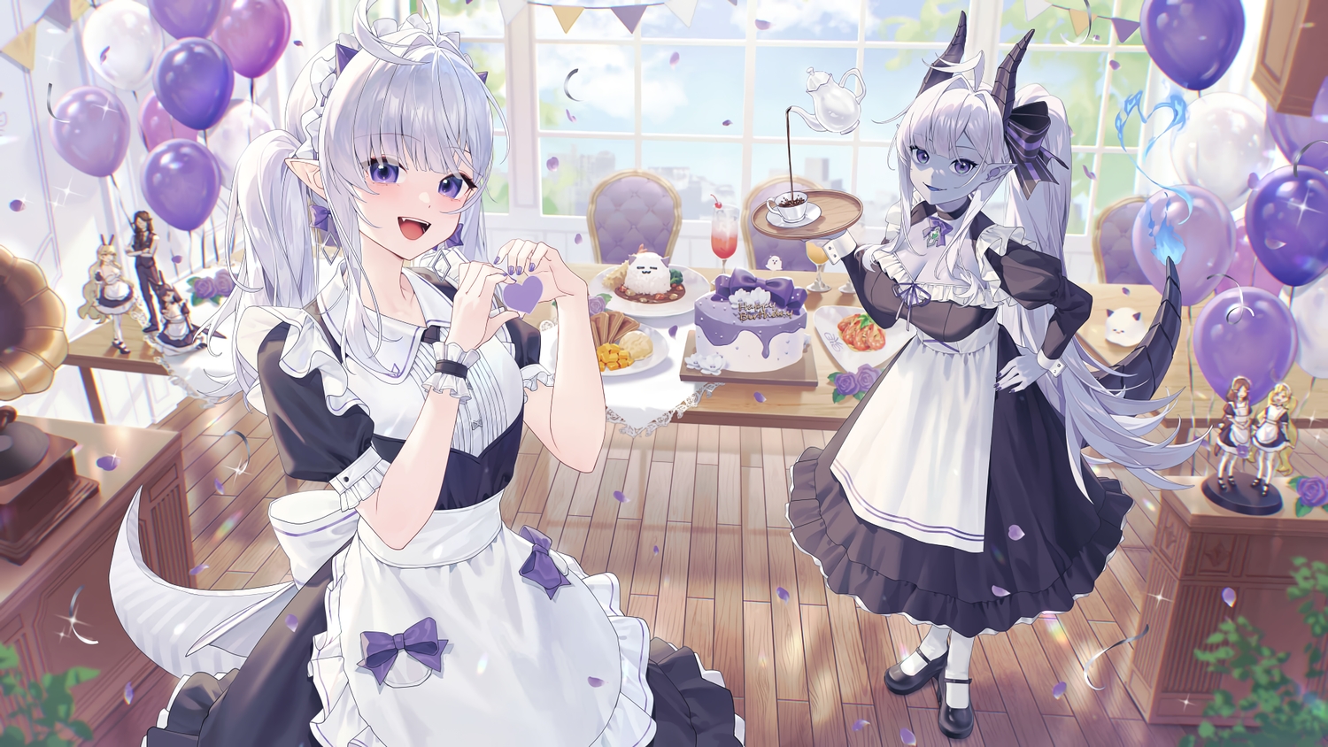 2girls, aliasing, apron, bow, breasts, cake, choker, cleavage, clouds, dress, drink, fang, fire, flowers, food, gray_hair, headdress, heart, horns, long_hair, magic, maid, original, petals, pointed_ears, ponytail, purple_eyes, rose, sky, tail, tree, twintails, wenz, wristwear