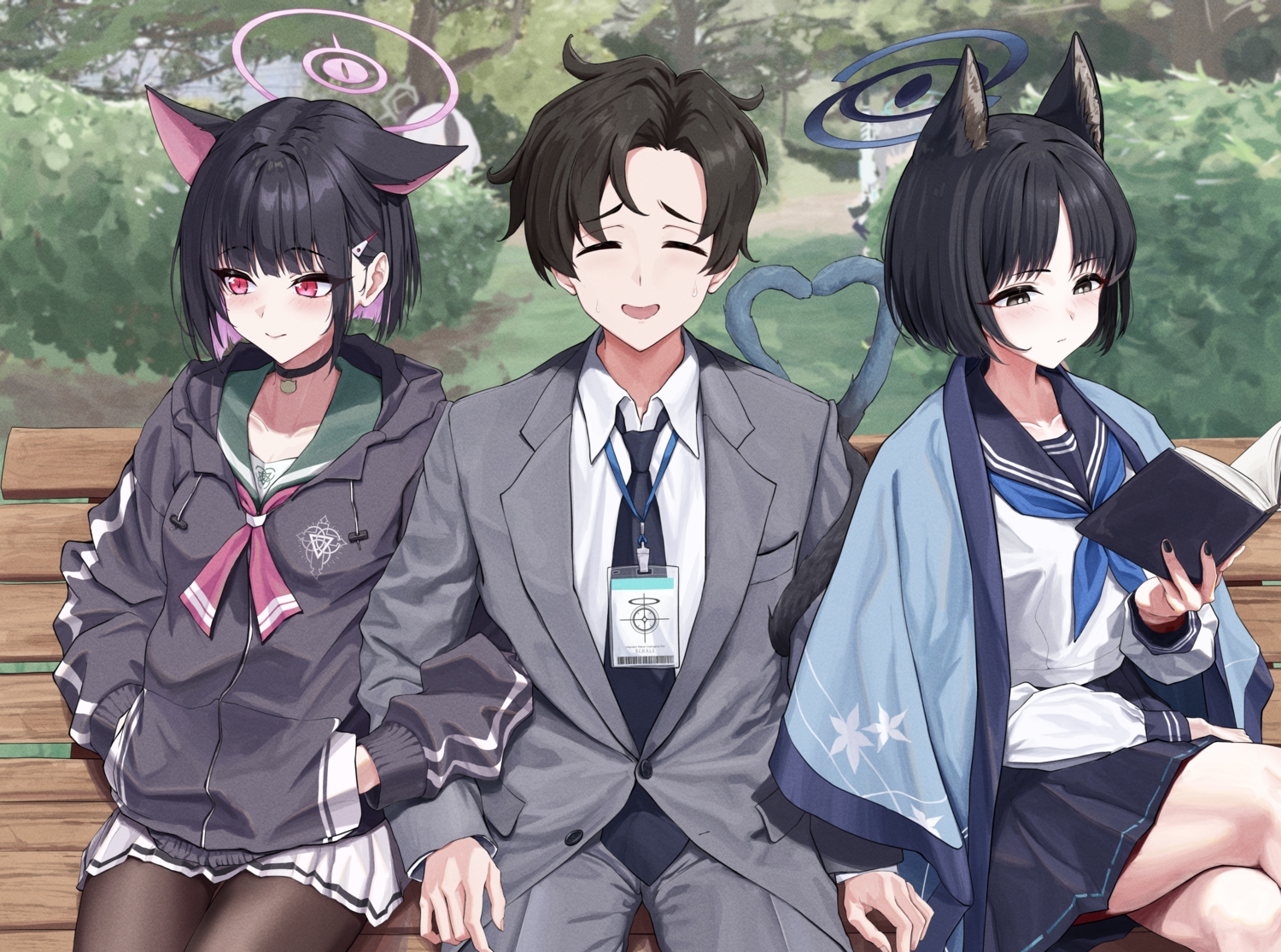 animal_ears, black_eyes, black_hair, blue_archive, blush, bocchi_(kuropom7), book, catgirl