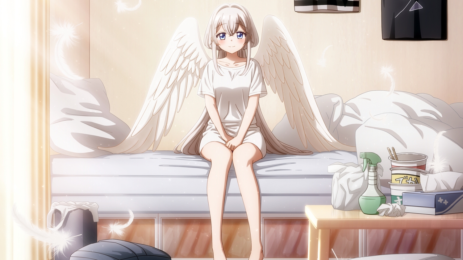angel, barefoot, bed, blue_eyes, cropped, feathers, gray_hair, long_hair