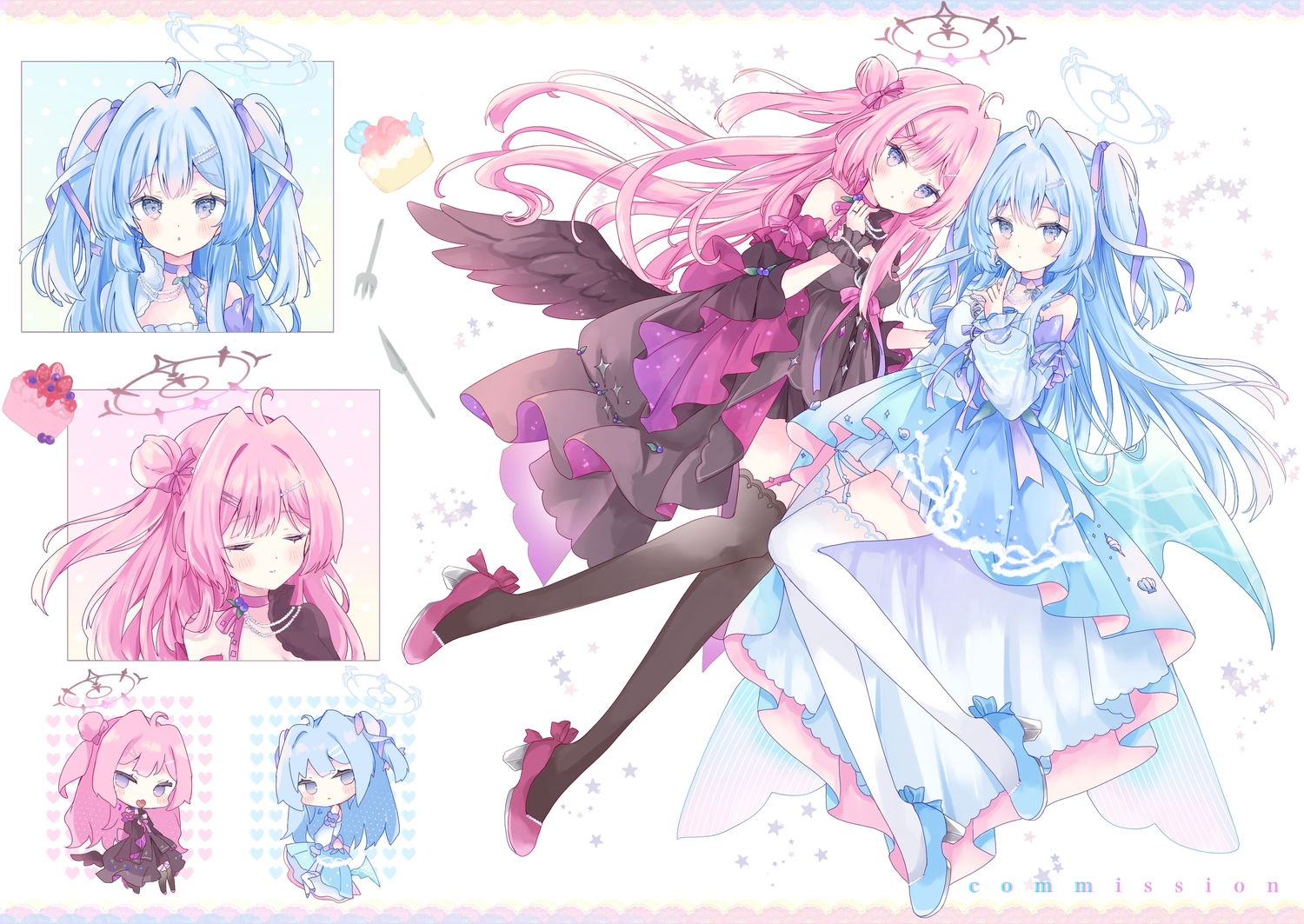 2girls, aliasing, blue_eyes, blue_hair, blush, bow, breasts, cake