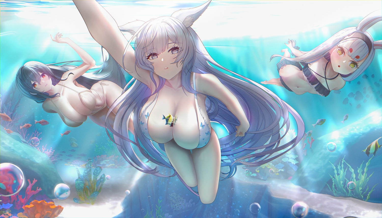 aliasing, animal, animal_ears, anthropomorphism, azur_lane, barefoot, bikini, black_hair, breasts, bubbles, bunny_ears, bunnygirl, cleavage, fish, foxgirl, gray_eyes, gray_hair, headband, long_hair, navel, proxyl, red_eyes, shimakaze_(azur_lane), shinano_(azur_lane), skirt, swimsuit, taihou_(azur_lane), underboob, underwater, water, yellow_eyes