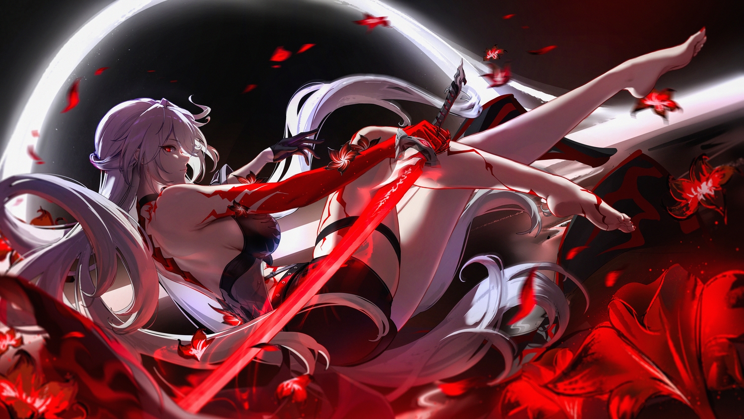 acheron_(honkai:_star_rail), breasts, flowers, garter, gloves, gray_hair, honkai_(series), honkai:_star_rail, katana, liu_liaoliao, long_hair, petals, red_eyes, shorts, sword, tattoo, weapon