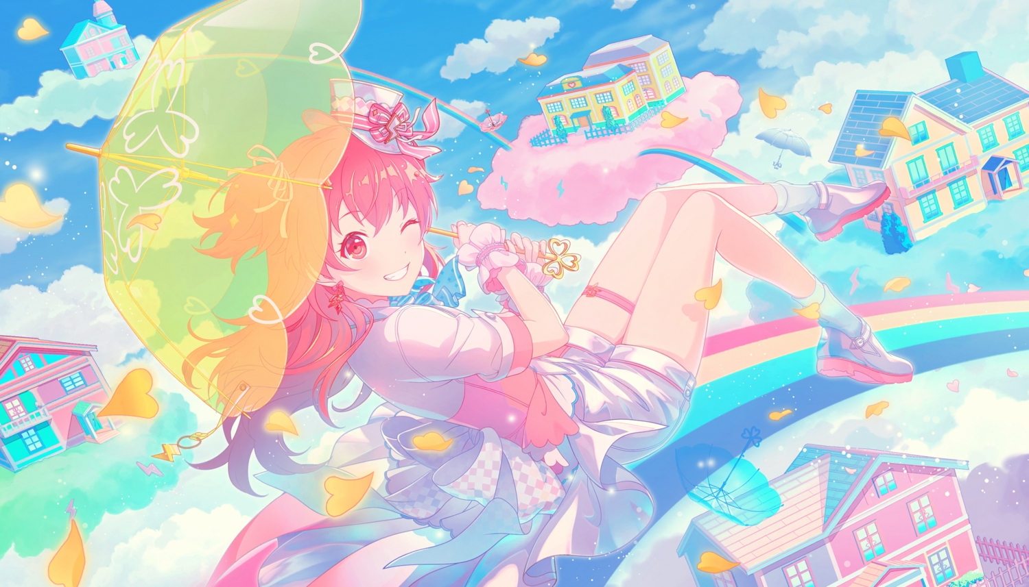 bow, building, clouds, garter, hat, long_hair, momoi_airi, petals, pink_eyes, pink_hair, project_sekai, rainbow, ribbons, shorts, sky, socks, tagme_(artist), twintails, umbrella, wink, wristwear