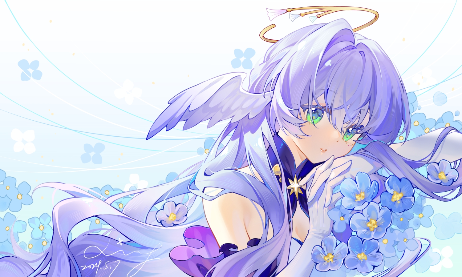 blue_hair, breasts, cleavage, elbow_gloves, flowers, gloves, green_eyes, halo