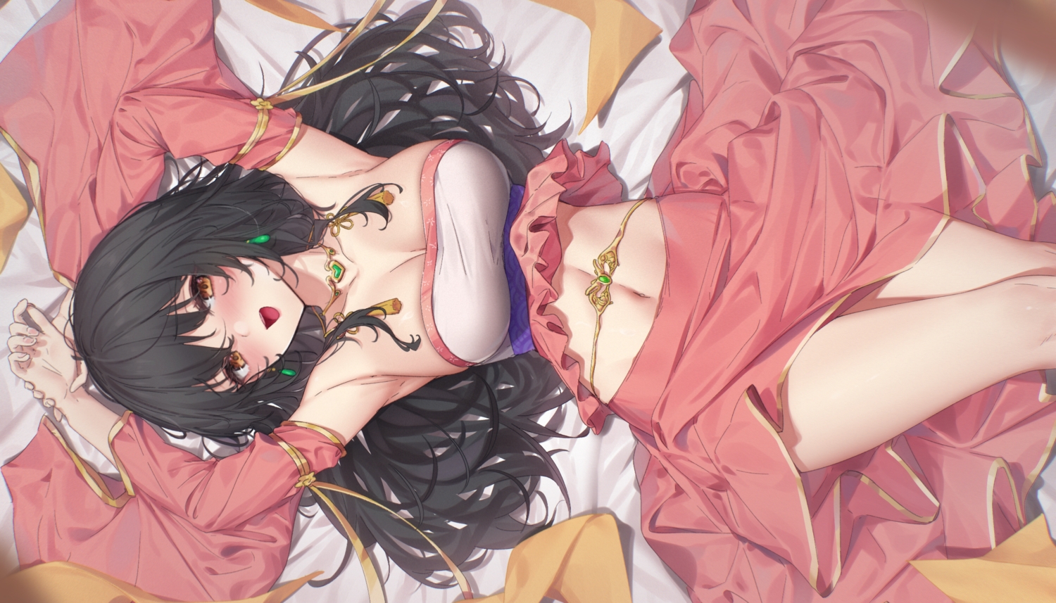 black_hair, blush, breasts, choker, cleavage, long_hair, navel, orange_eyes