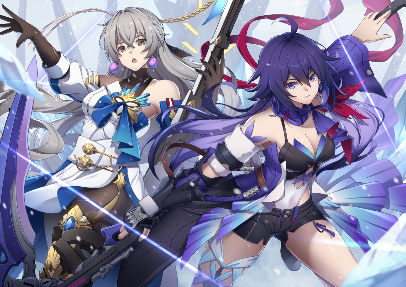 2girls, armor, boots, breasts, bronya_rand, brown_eyes, cleavage, dress