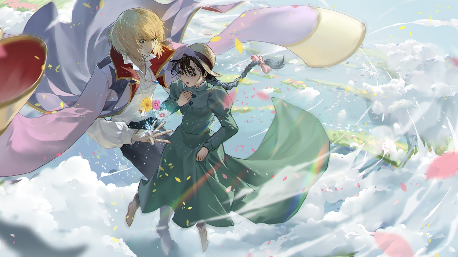 aqua_eyes, black_hair, blonde_hair, boots, bow, braids, brown_eyes, cape