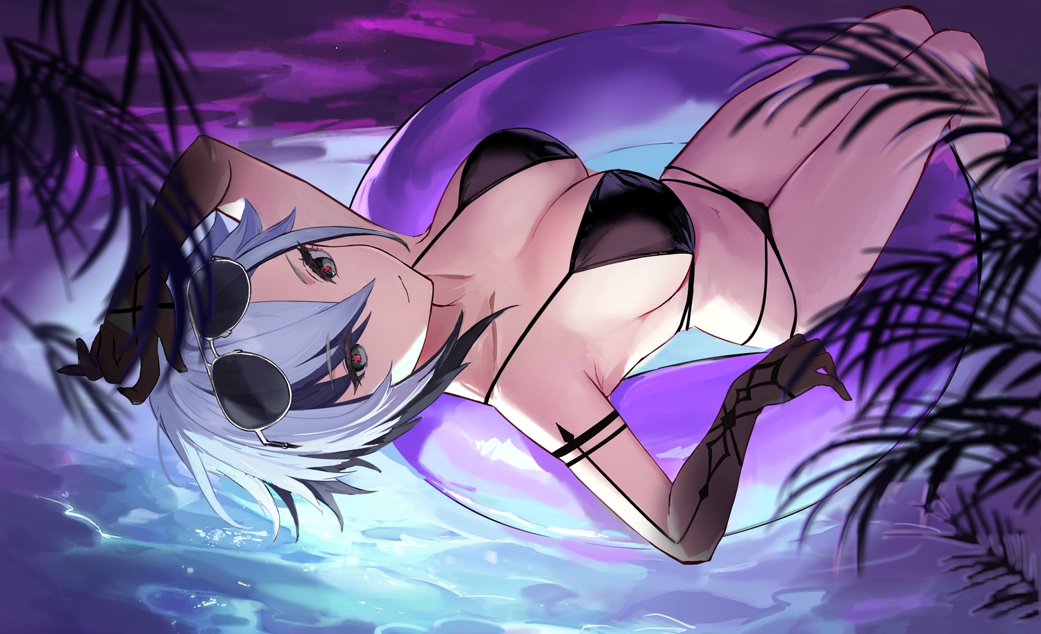 arlecchino_(genshin_impact), bikini, black_eyes, breasts, cleavage, genshin_impact, gray_hair, navel
