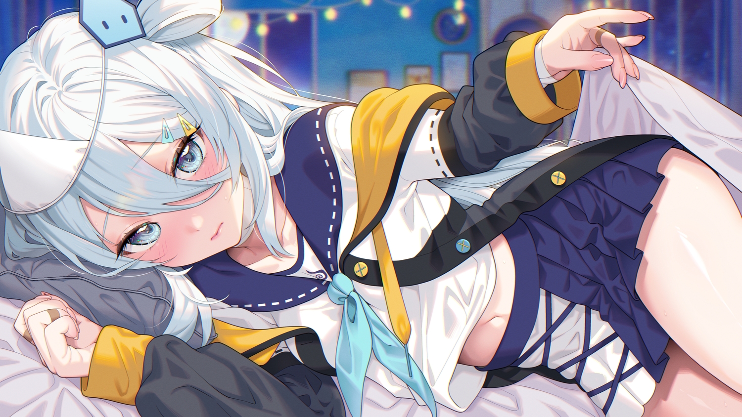 aliasing, bandaid, bed, blush, close, gray_eyes, gray_hair, headdress, hood, long_hair, navel, school_uniform, skirt, suzutuki_sui, tagme_(artist), varium