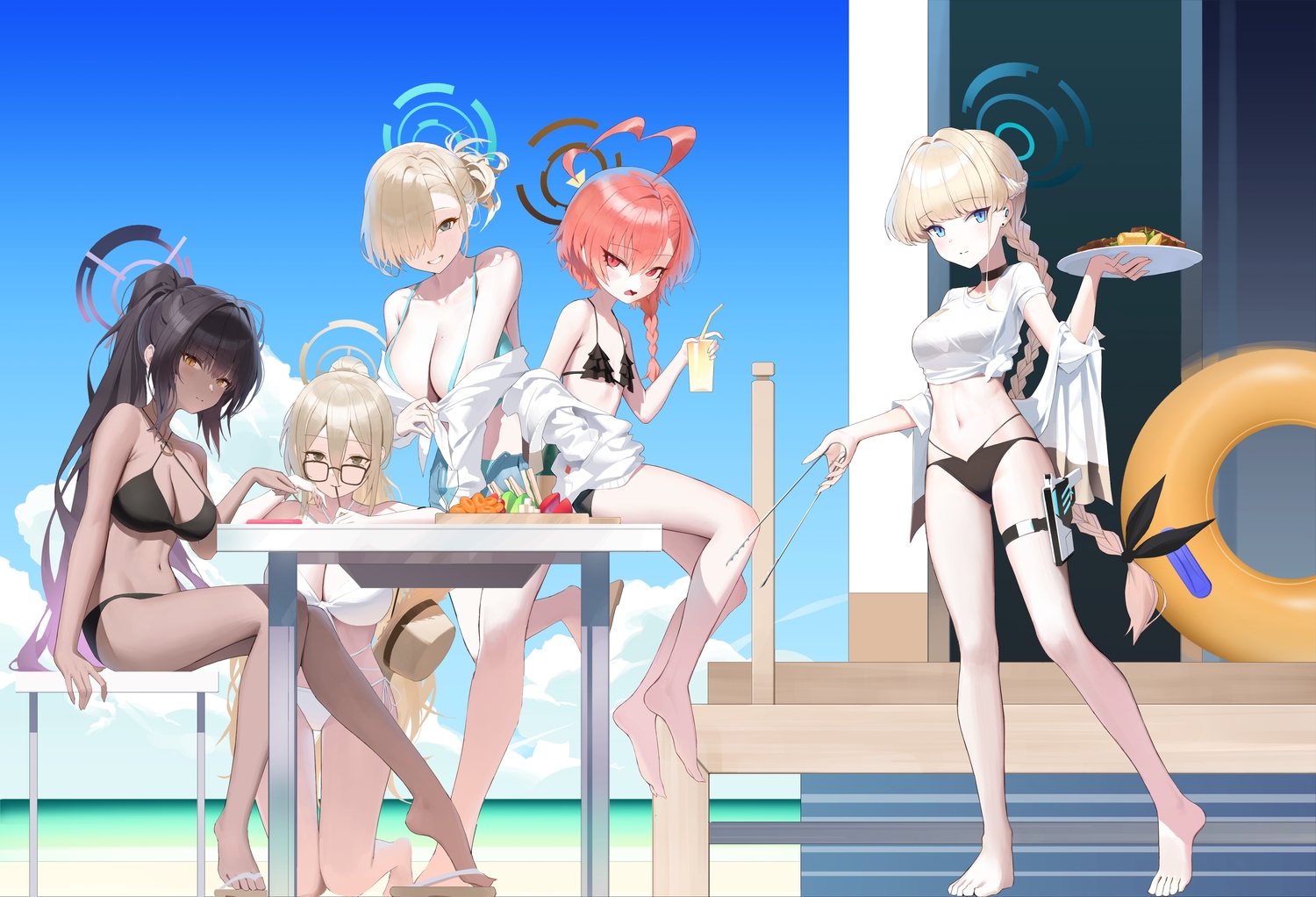 aliasing, asuma_toki, barefoot, beach, bikini, black_hair, blonde_hair, blue_archive, blue_eyes, blush, braids, breasts, brown_eyes, brown_hair, building, choker, cleavage, clouds, dark_skin, drink, flat_chest, food, garter, glasses, group, gun, halo, hat, ichinose_asuna, kakudate_karin, long_hair, mikamo_neru, murokasa_akane, navel, open_shirt, orange_eyes, ponytail, red_eyes, red_hair, see_through, shirt, shirt_lift, short_hair, shorts, sky, swim_ring, swimsuit, water, weapon, yarn_(yarn_03)