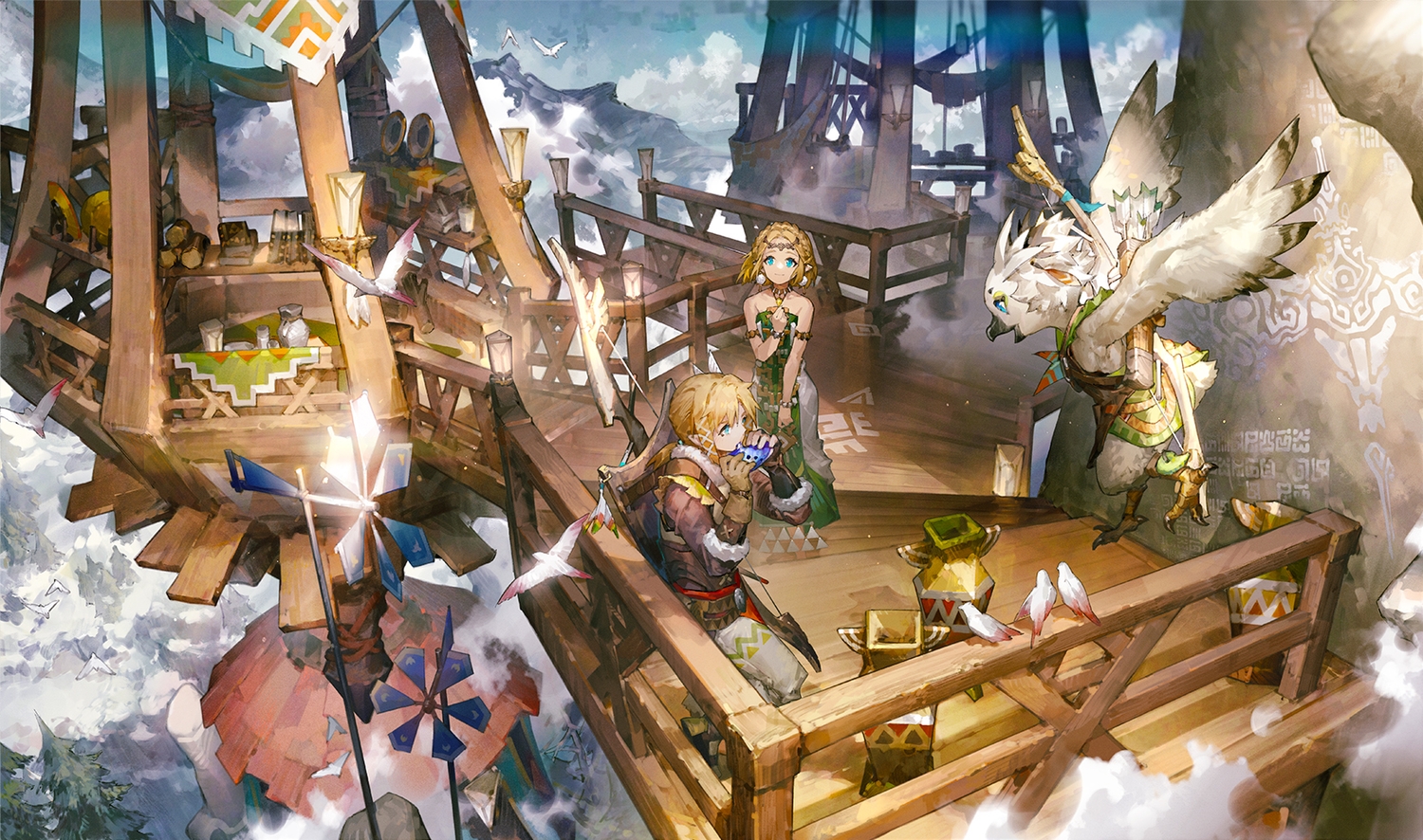 animal, aqua_eyes, bird, blonde_hair, book, bow_(weapon), braids, clouds