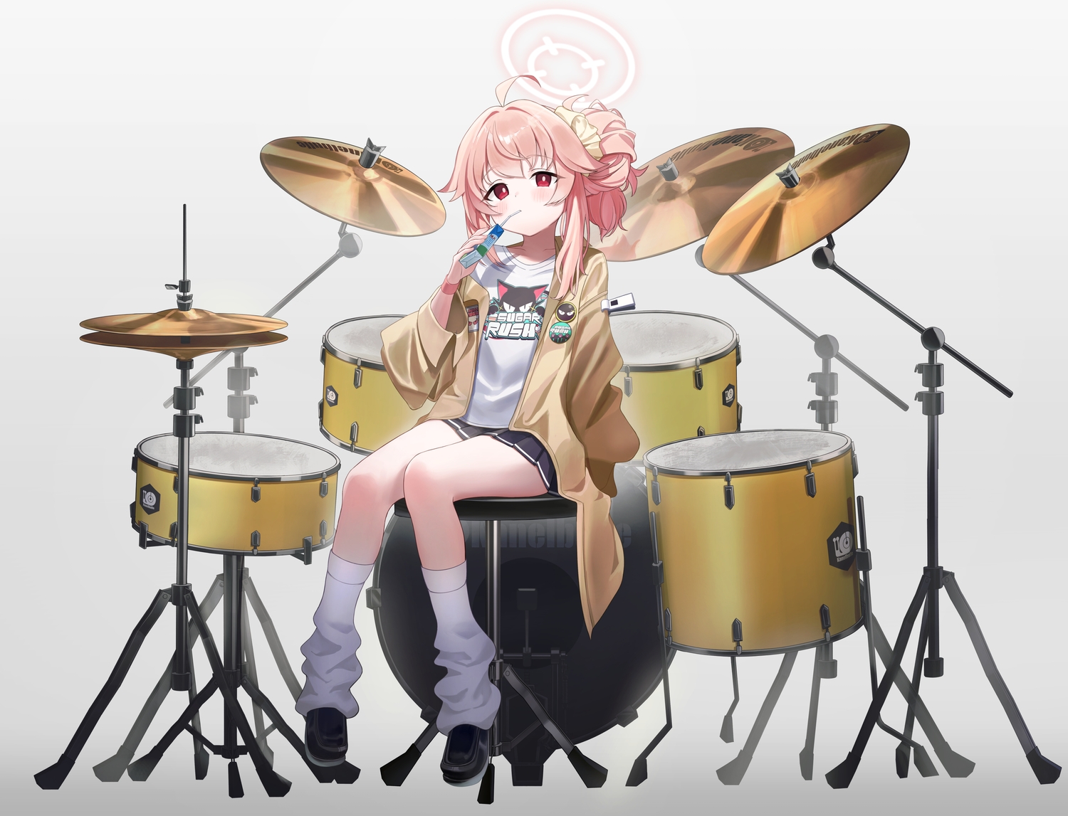 blue_archive, blush, drink, drums, gradient, halo, higashigure, instrument