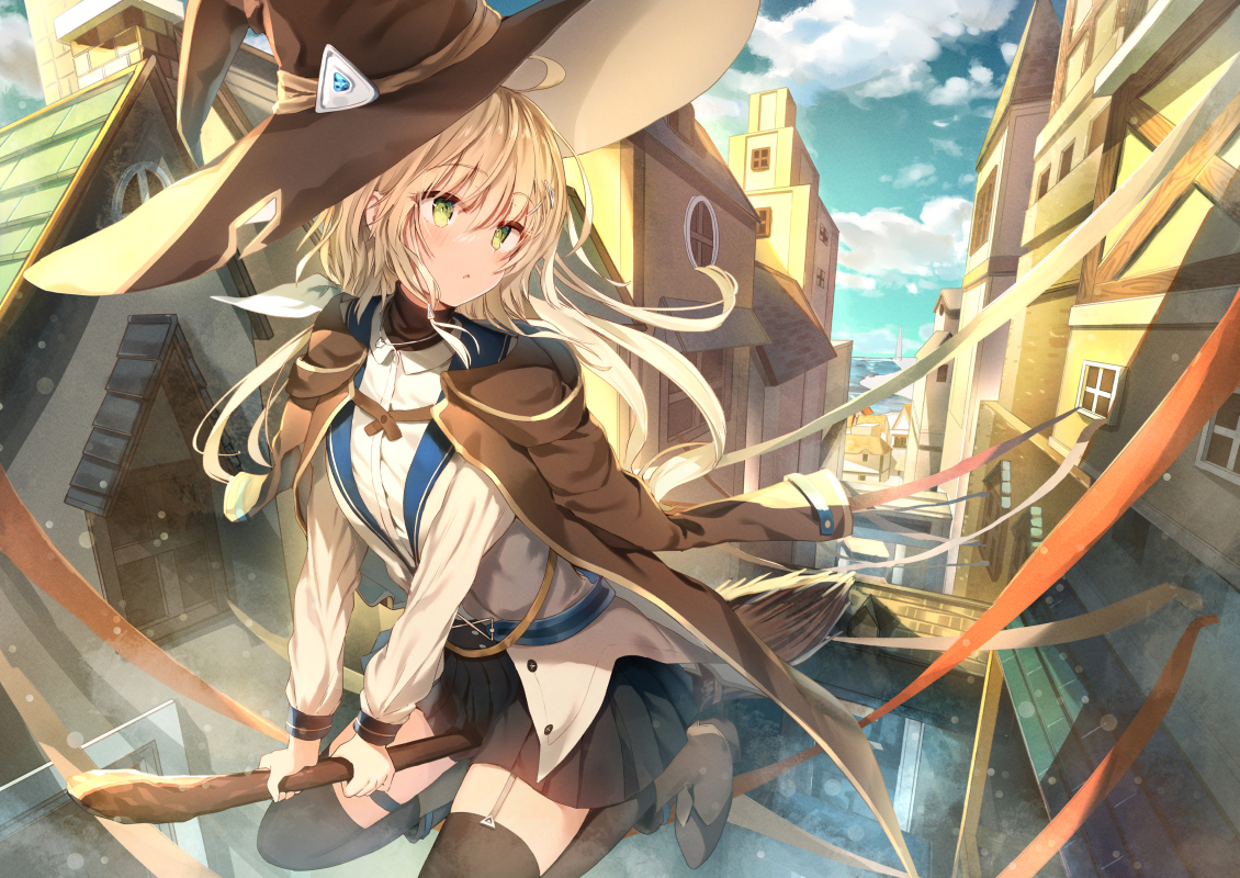 aliasing, blonde_hair, blush, boots, building, cape, city, clouds