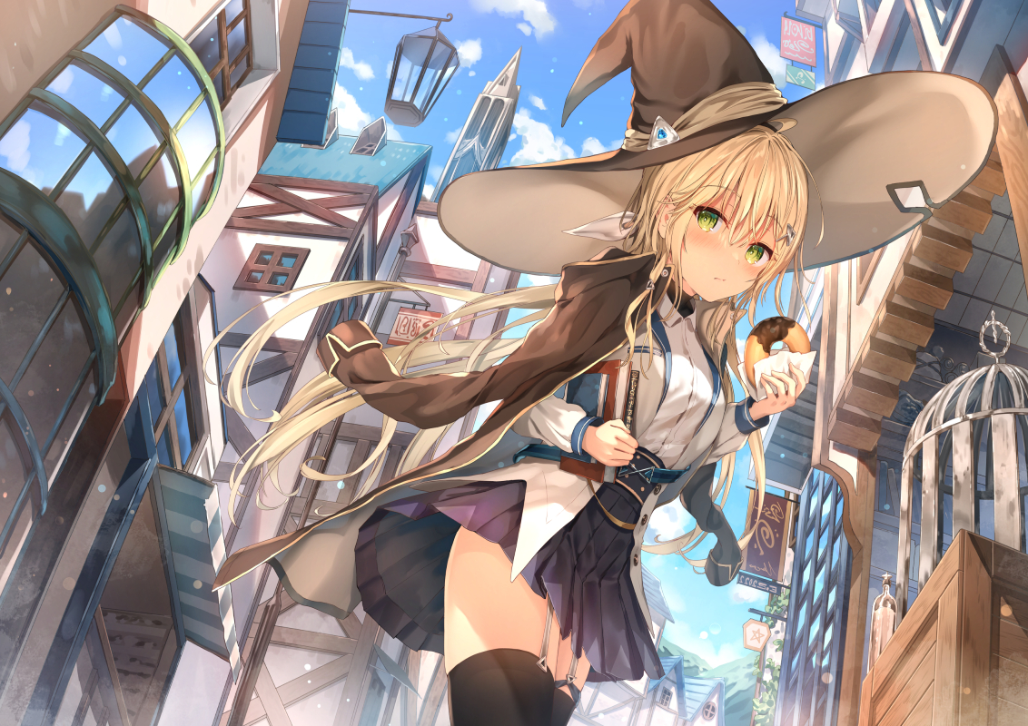 aliasing, blonde_hair, blush, book, building, cage, cape, city