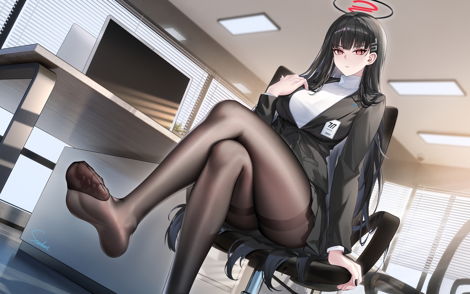 black_hair, blue_archive, breast_hold, computer, halo, long_hair, pantyhose, red_eyes