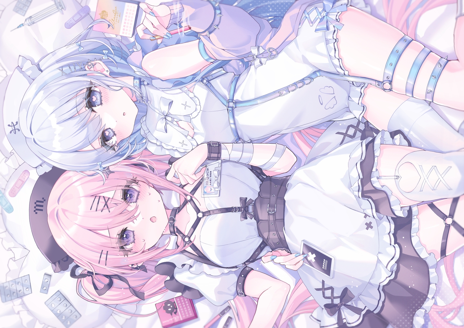 2girls, bandage, bandaid, bed, blue_eyes, blush, bow, collar, dress, garter, garter_belt, gray_hair, headdress, konpe_itou, long_hair, nurse, original, pink_hair, purple_eyes, ribbons, stockings, wristwear