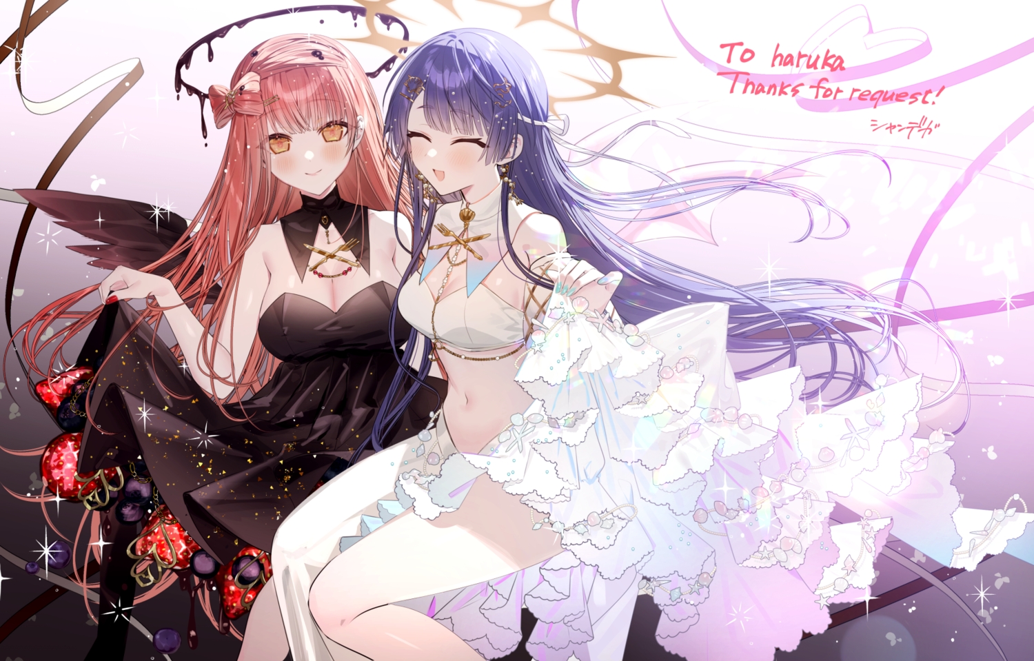 2girls, aliasing, blue_hair, blush, breasts, cleavage, dress, gradient