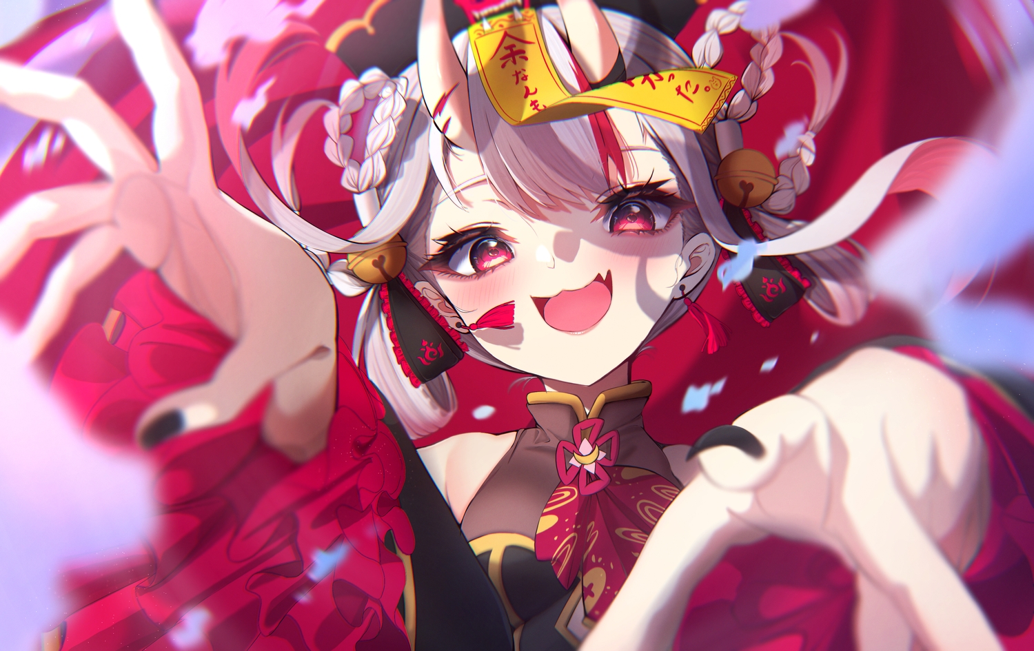 bell, blush, braids, cat_smile, chinese_clothes, close, fang, gray_hair, headdress, hololive, horns, long_hair, magic, nakiri_ayame, ofuda, red_eyes, terra_bose