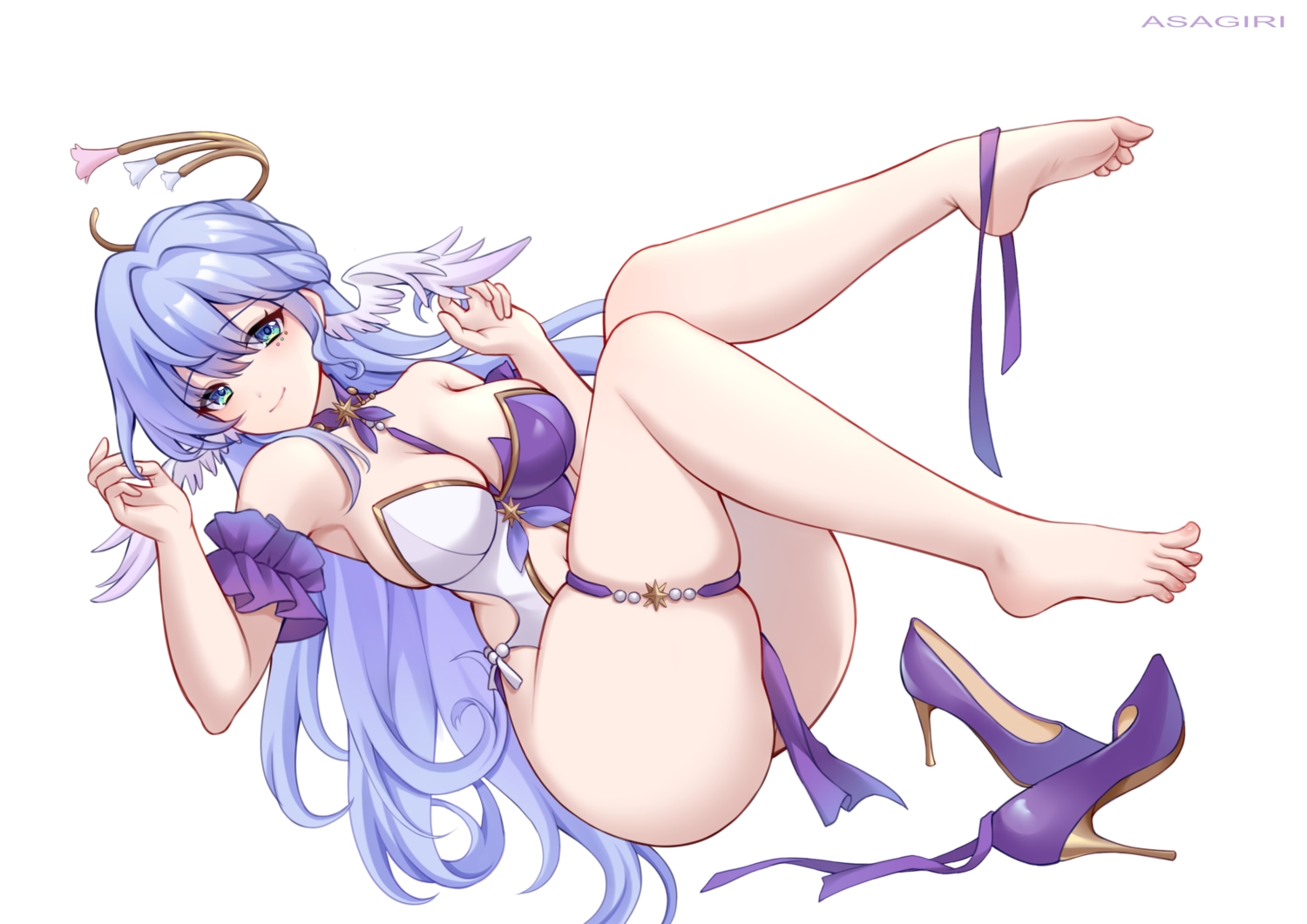 asagiri_ai, barefoot, blue_hair, breasts, cleavage, garter, green_eyes, halo, honkai_(series), honkai:_star_rail, leotard, long_hair, ribbons, robin_(honkai:_star_rail), white, wings