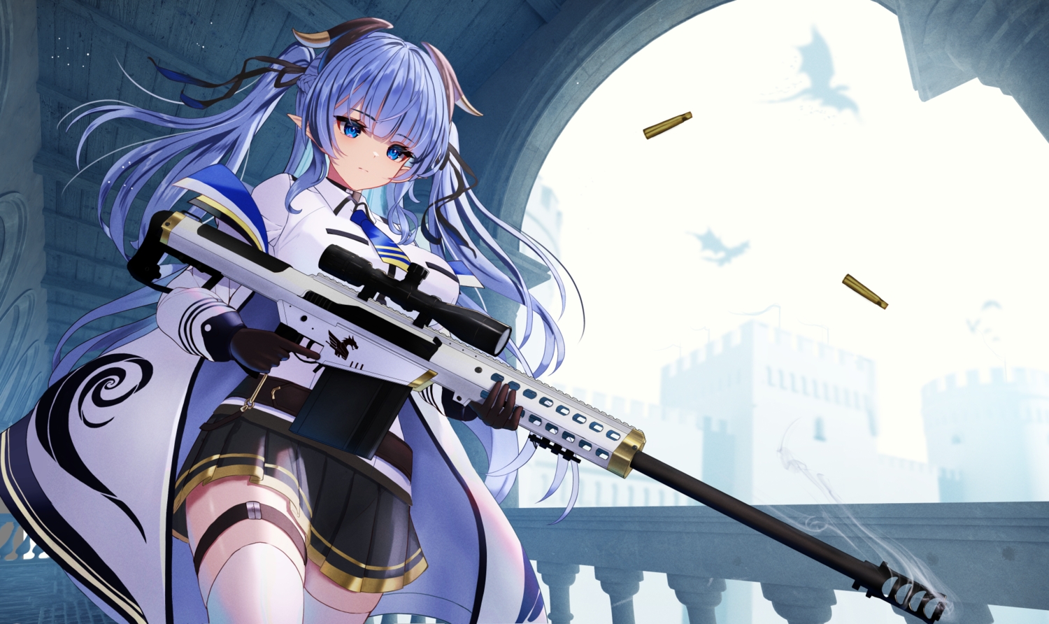 aliasing, blue_eyes, blue_hair, bow, braids, building, dragon, garter, gloves, gun, horns, inari_(ambercrown), long_hair, original, pointed_ears, ribbons, shirt, skirt, thighhighs, tie, twintails, weapon, zettai_ryouiki