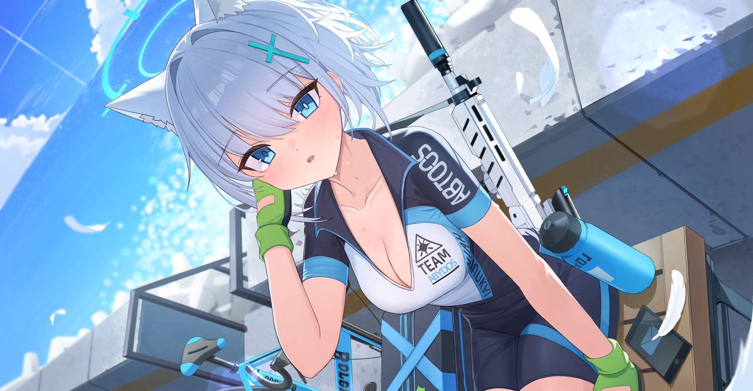 animal_ears, aqua_eyes, bicycle, bike_shorts, blue_archive, blush, breasts, cleavage