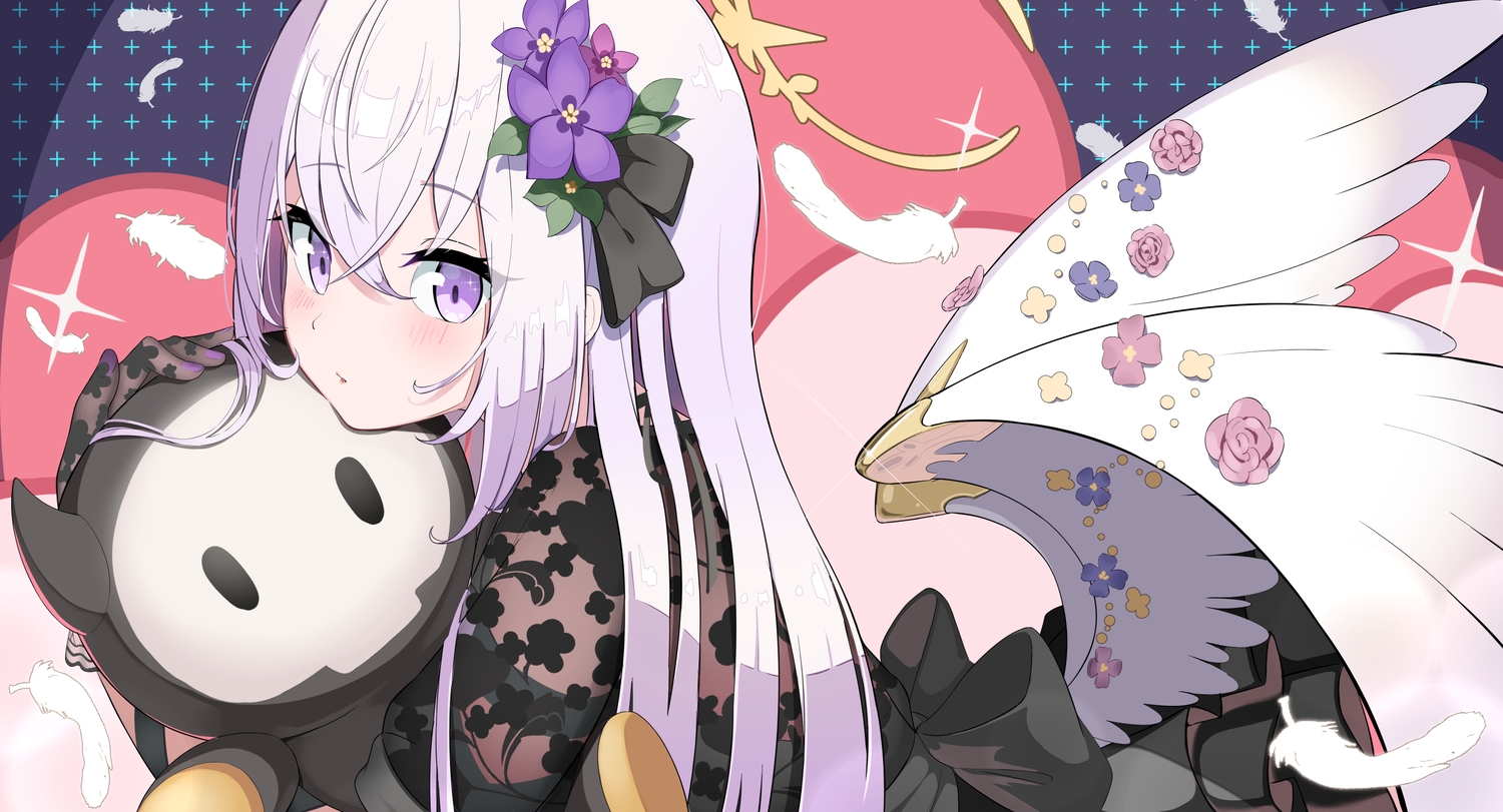 aliasing, blue_archive, blush, bow, doll, dress, elbow_gloves, feathers
